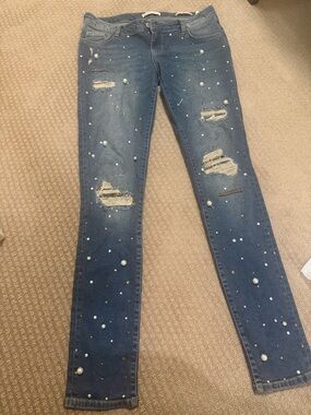 Guess Blue Pearl-Embellished Skinny Jeans